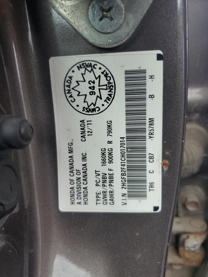 2012 Honda Civic Lx VIN: 2HGFB2F41CH017014 Lot: 63586975