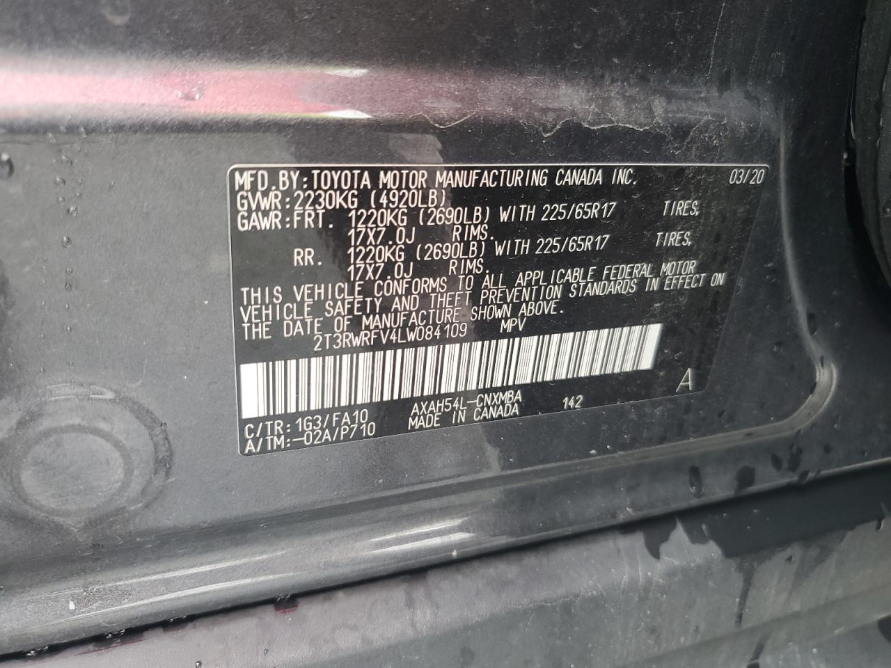 2020 Toyota Rav4 Xle VIN: 2T3RWRFV4LW084109 Lot: 64086535