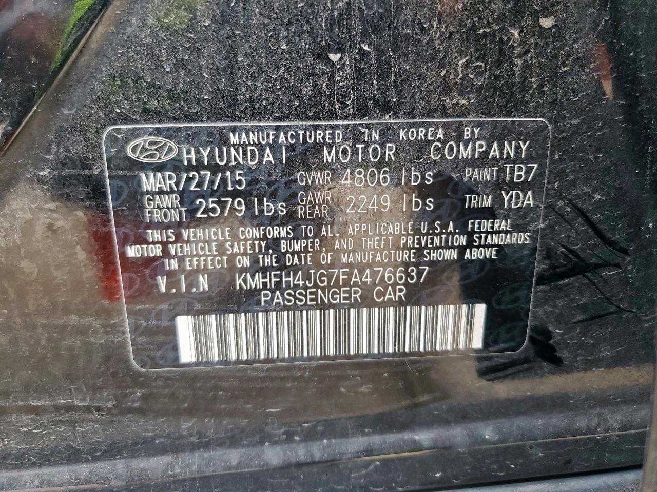 2015 Hyundai Azera Limited VIN: KMHFH4JG7FA476637 Lot: 65324555