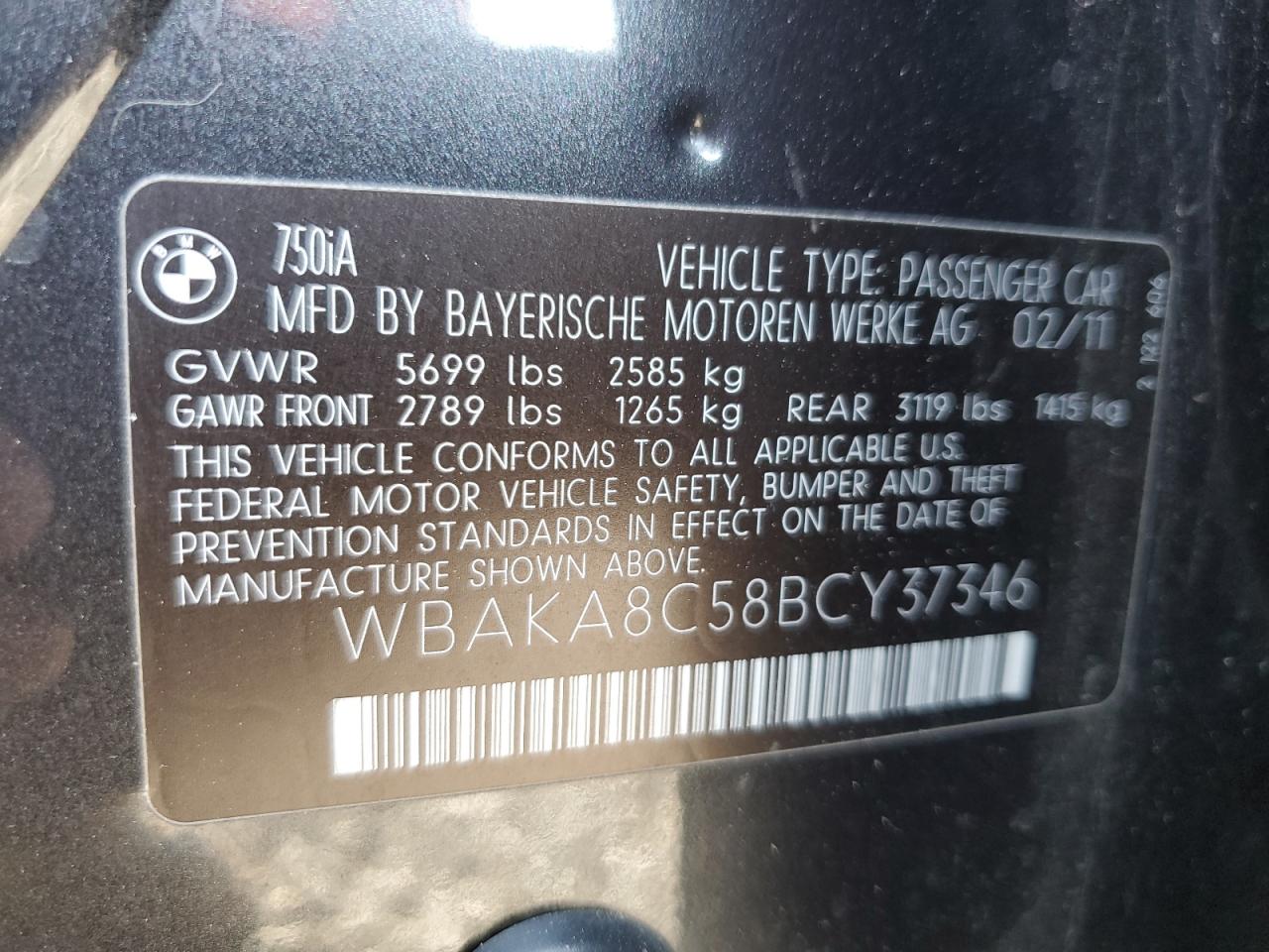 2011 BMW 750 I VIN: WBAKA8C58BCY37346 Lot: 65017655