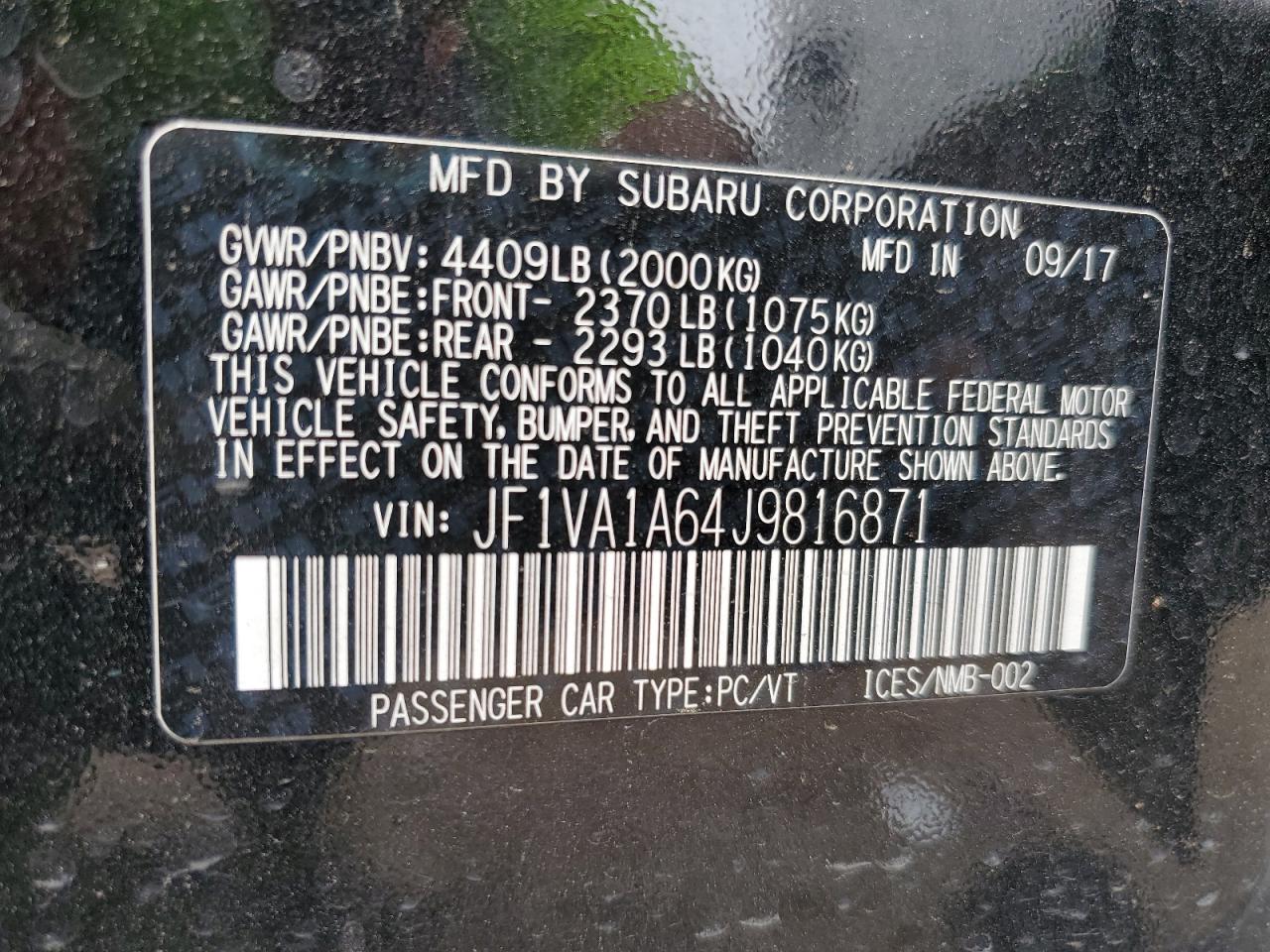 2018 Subaru Wrx VIN: JF1VA1A64J9816871 Lot: 65193805