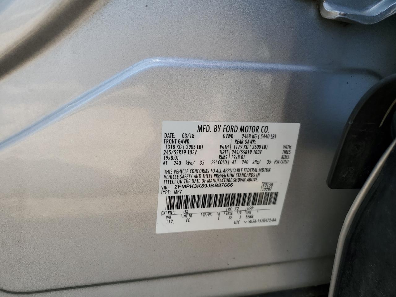 2018 Ford Edge Titanium VIN: 2FMPK3K89JBB87666 Lot: 64216765