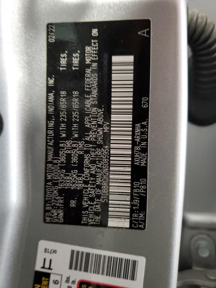 2022 Toyota Highlander Hybrid Le VIN: 5TDBBRCH2NS085954 Lot: 63255605