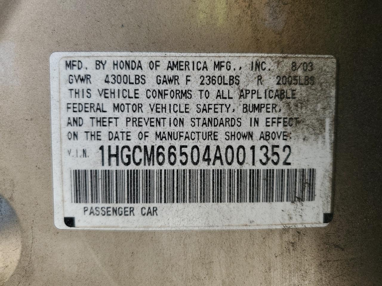 2004 Honda Accord Ex VIN: 1HGCM66504A001352 Lot: 62939685
