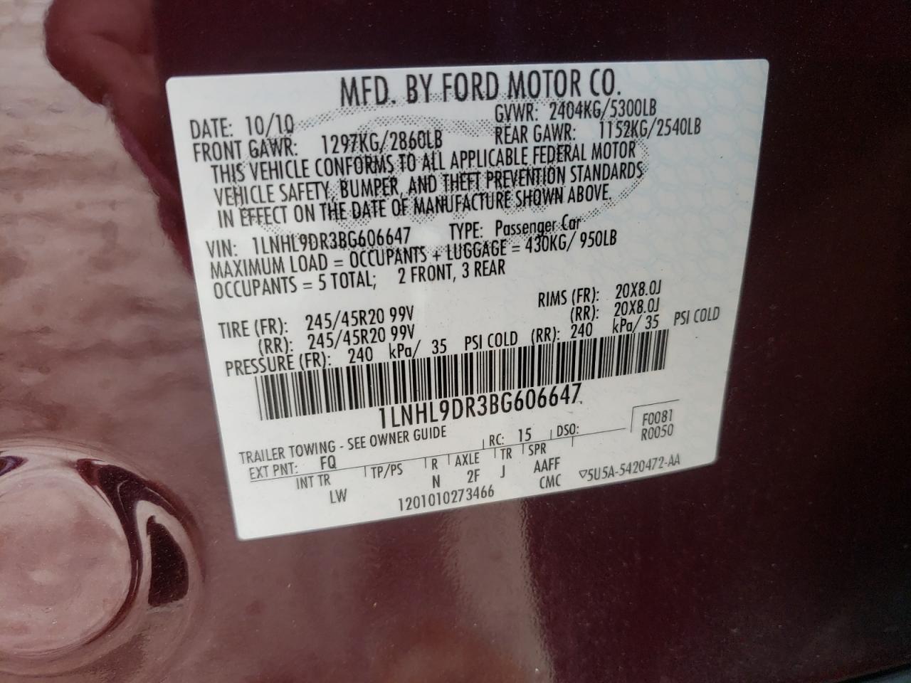 1LNHL9DR3BG606647 2011 Lincoln Mks