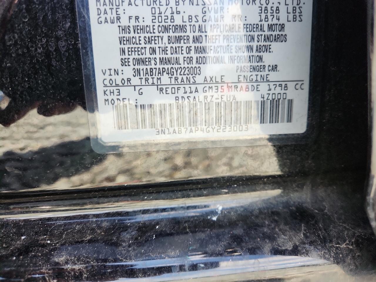 2016 Nissan Sentra S VIN: 3N1AB7AP4GY223003 Lot: 65256515