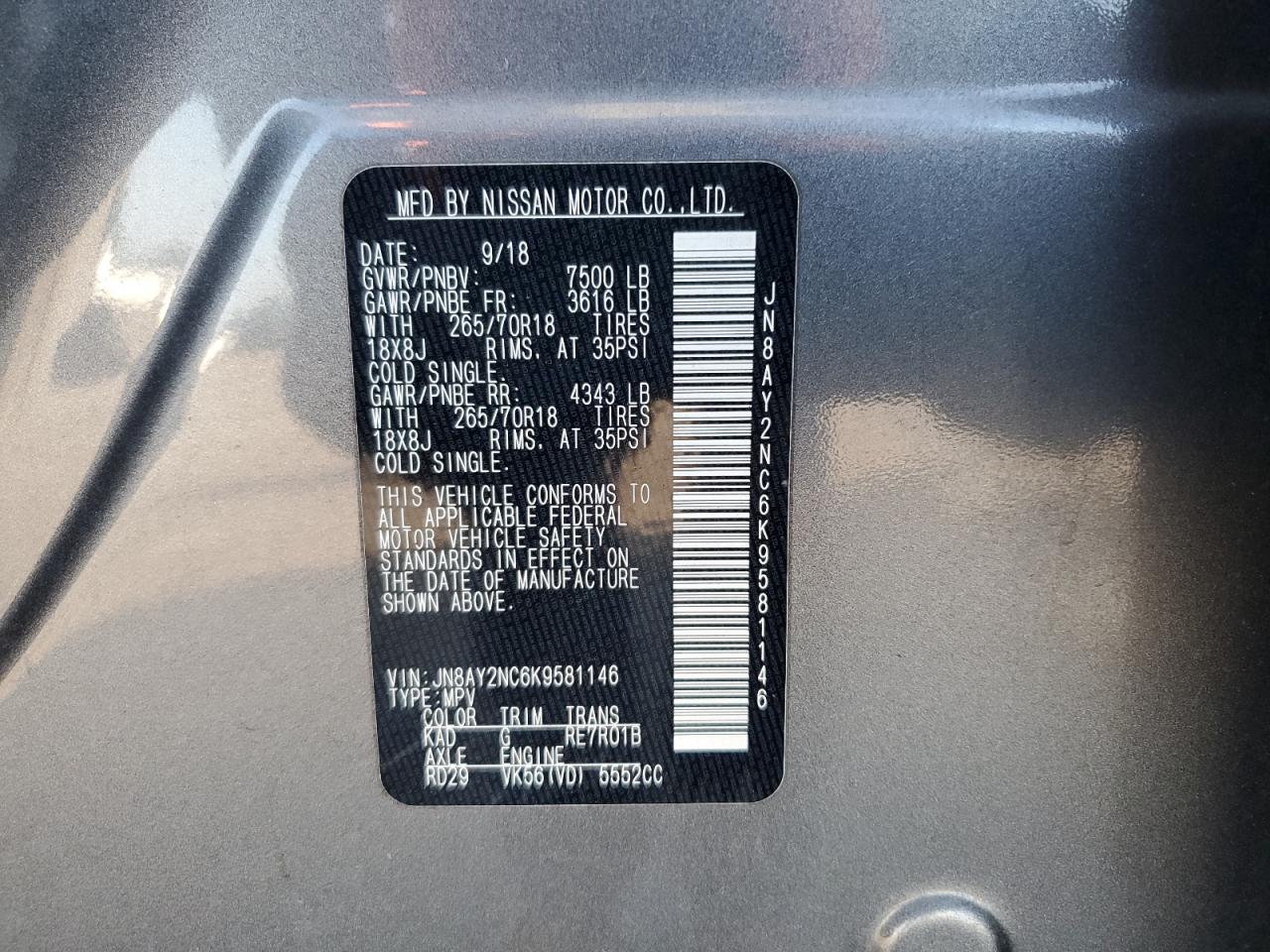 2019 Nissan Armada Sv VIN: JN8AY2NC6K9581146 Lot: 63262285