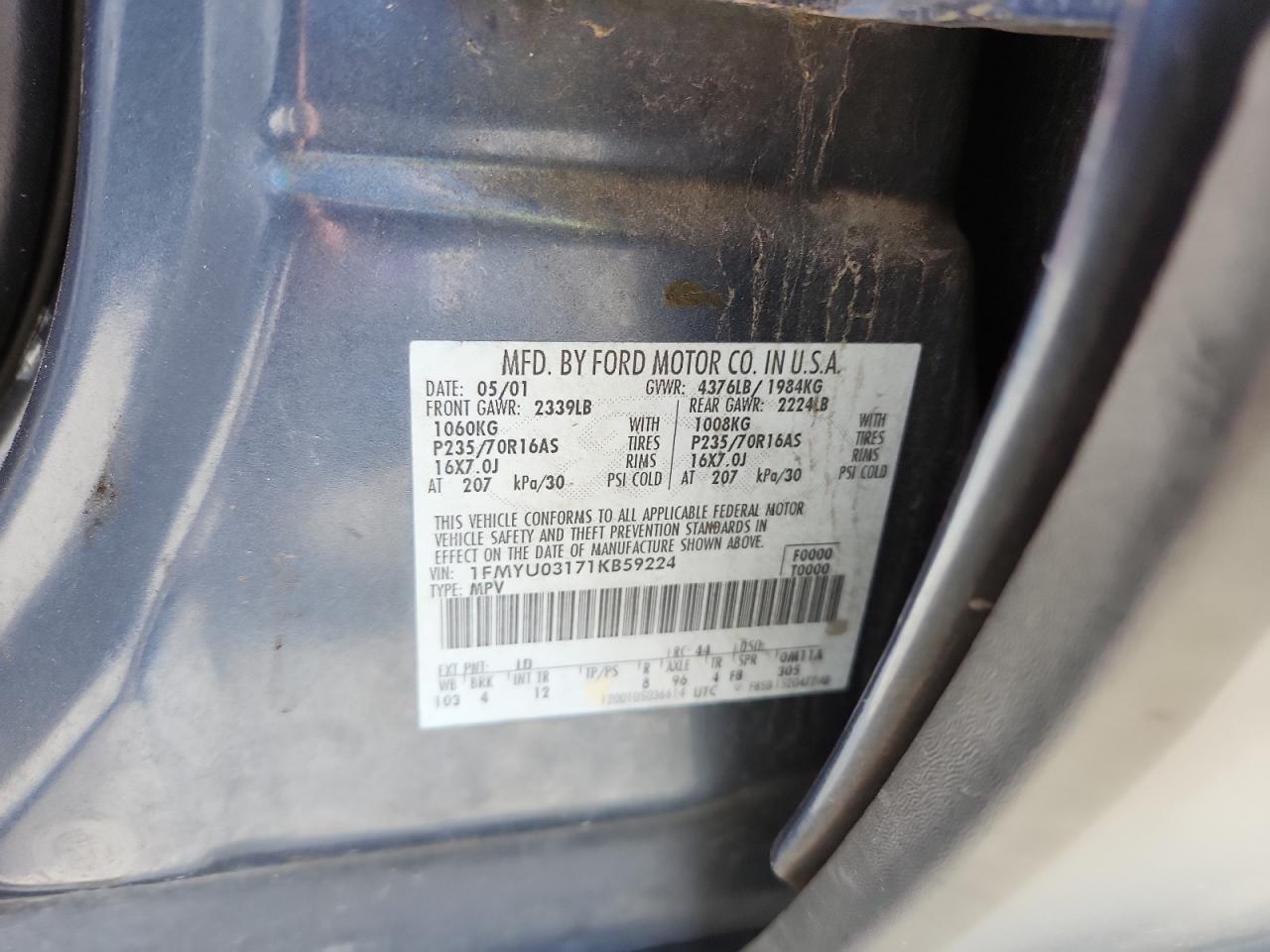2001 Ford Escape Xlt VIN: 1FMYU03171KB59224 Lot: 64966115