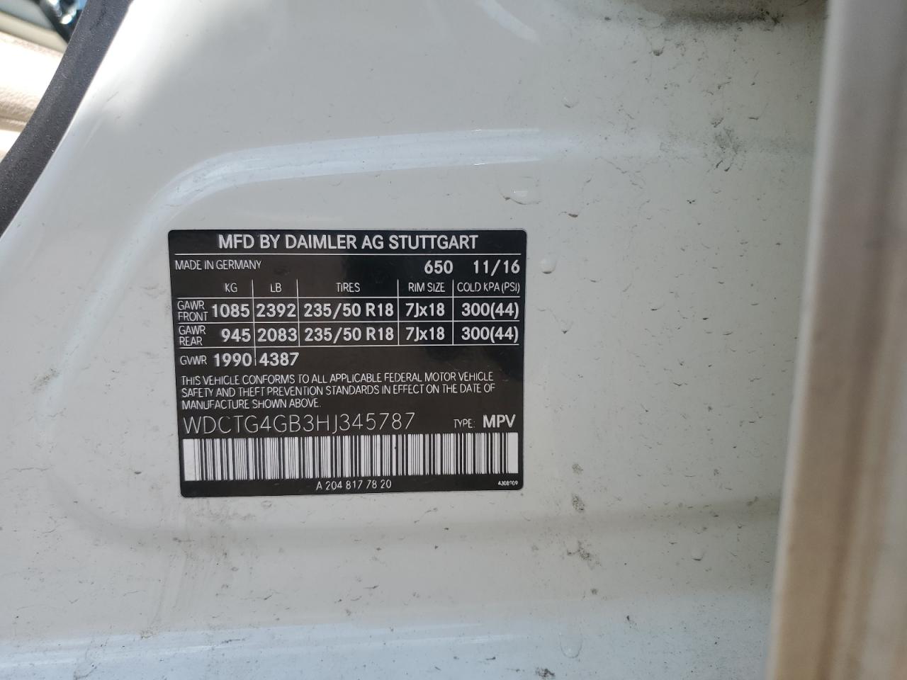 wdctg4gb3hj345787 WDCTG4GB3HJ345787 2017 Mercedes-Benz Gla 250 4Matic