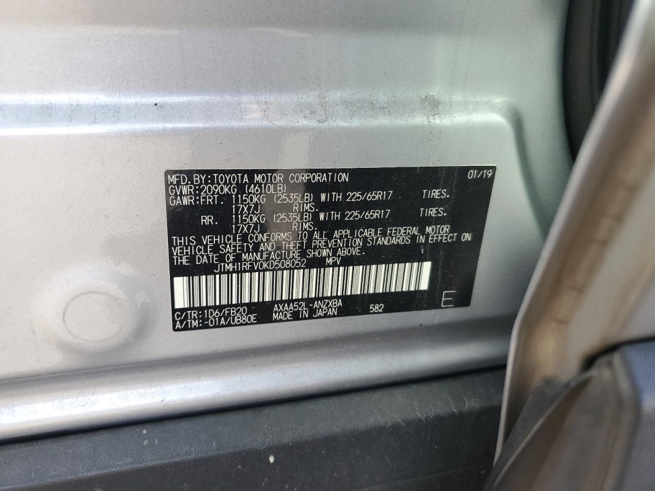 2019 Toyota Rav4 Le VIN: JTMH1RFV0KD508052 Lot: 66130925