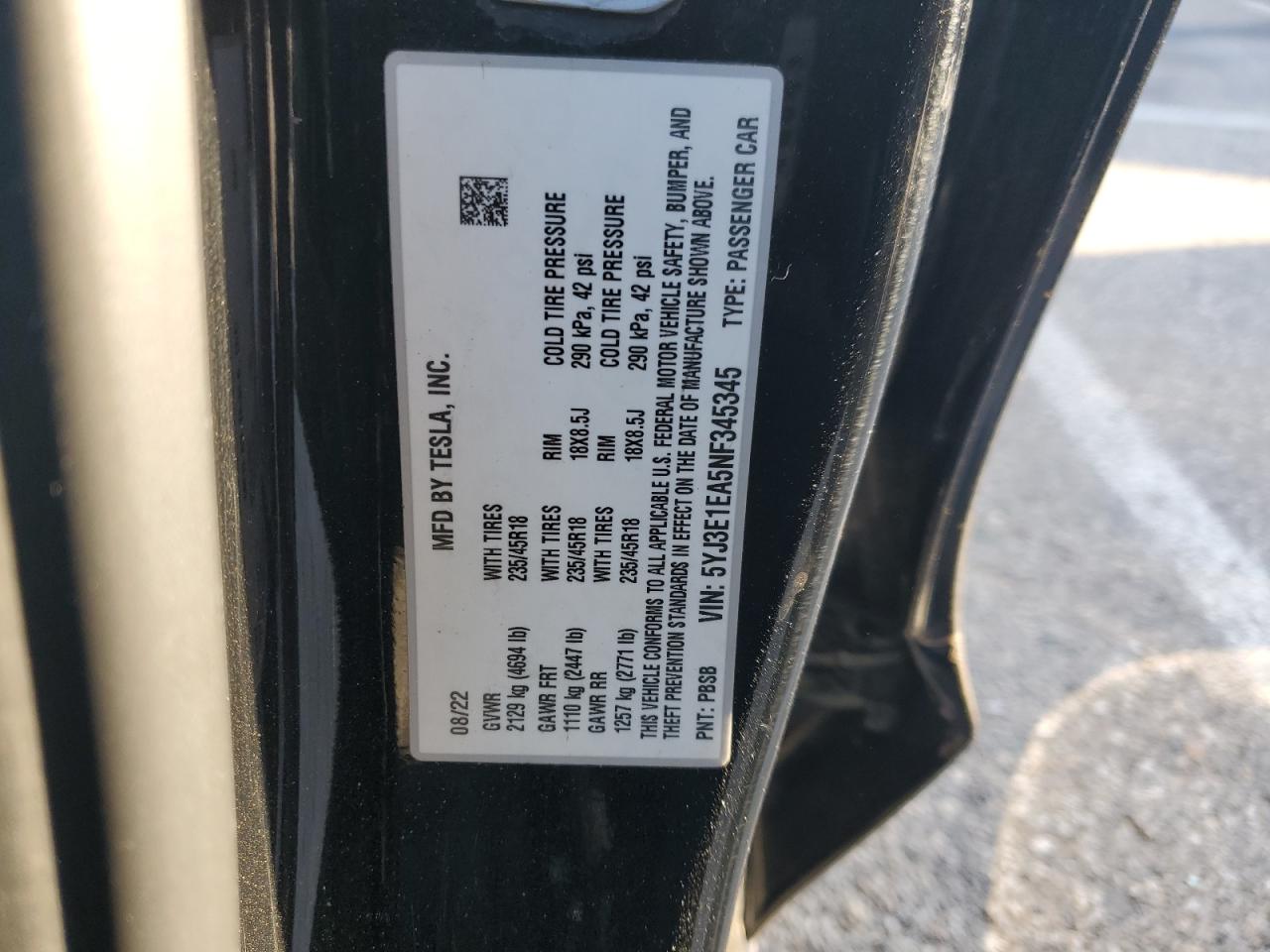 2022 Tesla Model 3 VIN: 5YJ3E1EA5NF345345 Lot: 62958095