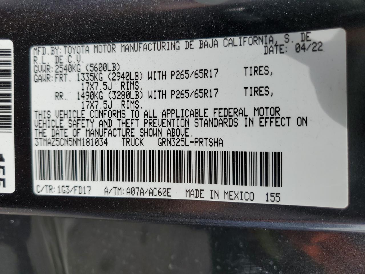 2022 Toyota Tacoma Double Cab VIN: 3TMAZ5CN5NM181034 Lot: 66614255