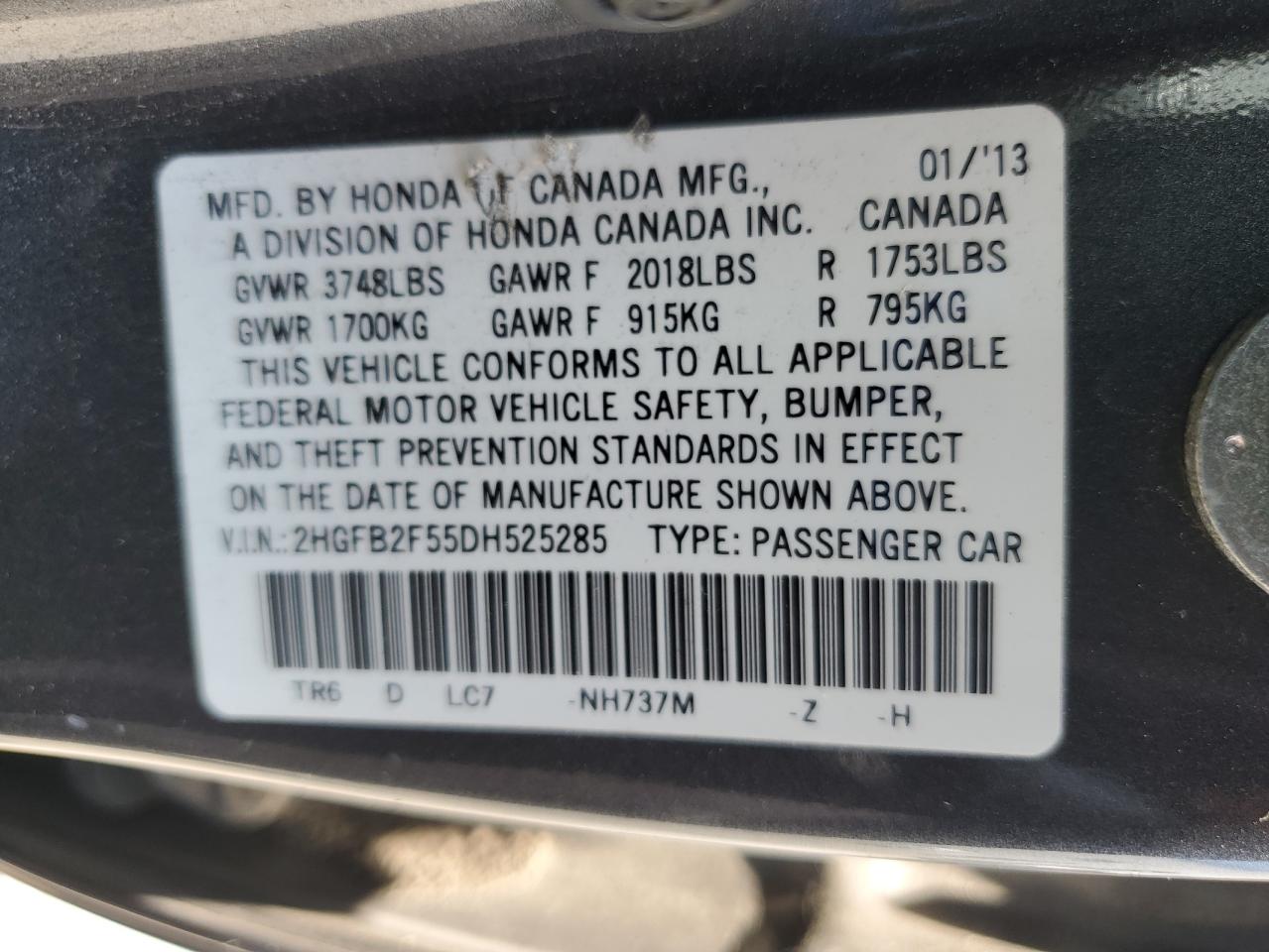2013 Honda Civic Lx VIN: 2HGFB2F55DH525285 Lot: 64506485