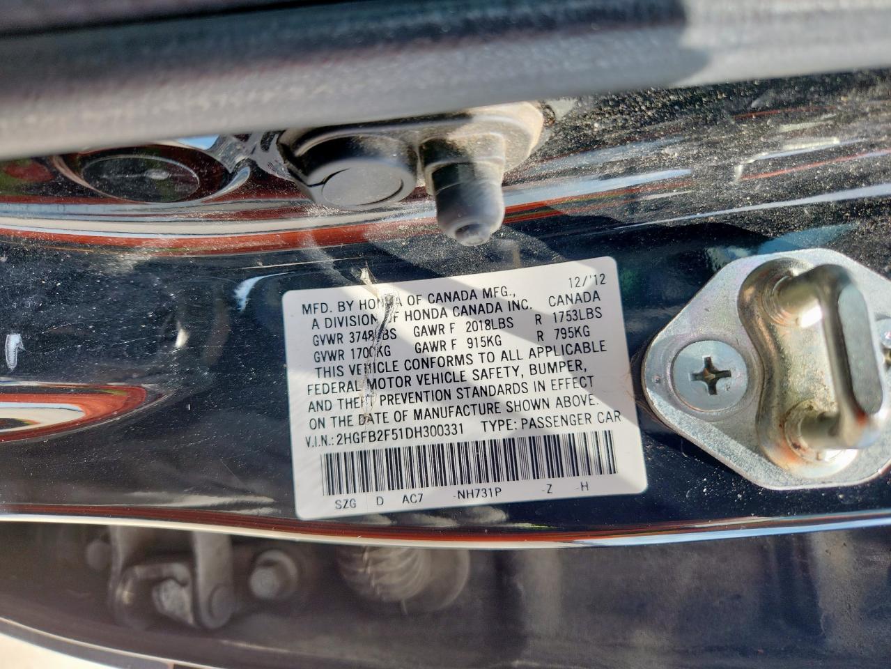 2013 Honda Civic Lx VIN: 2HGFB2F51DH300331 Lot: 63617895