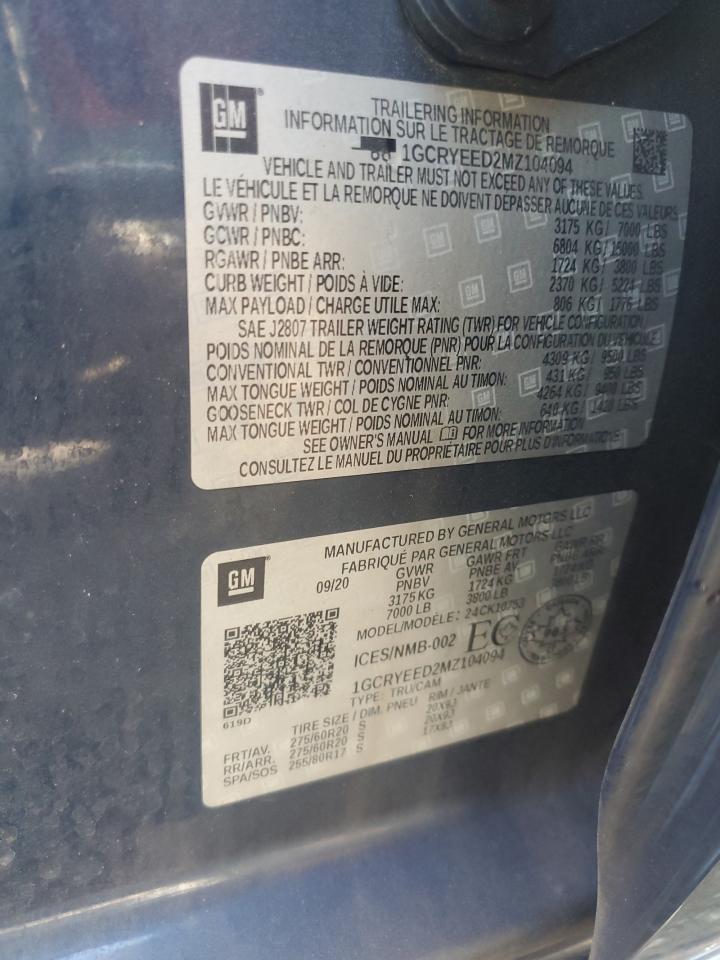 2021 Chevrolet Silverado K1500 Rst VIN: 1GCRYEED2MZ104094 Lot: 65066945
