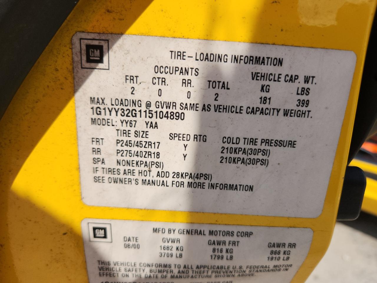 1g1yy32g115104890 1G1YY32G115104890 2001 Chevrolet Corvette