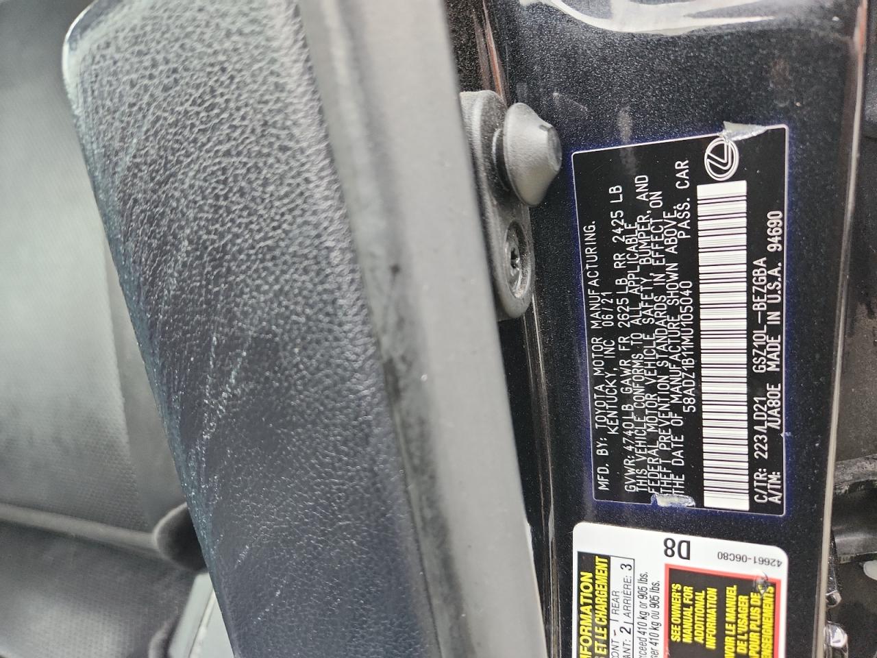 2021 Lexus Es 350 Base VIN: 58ADZ1B11MU105040 Lot: 65433675