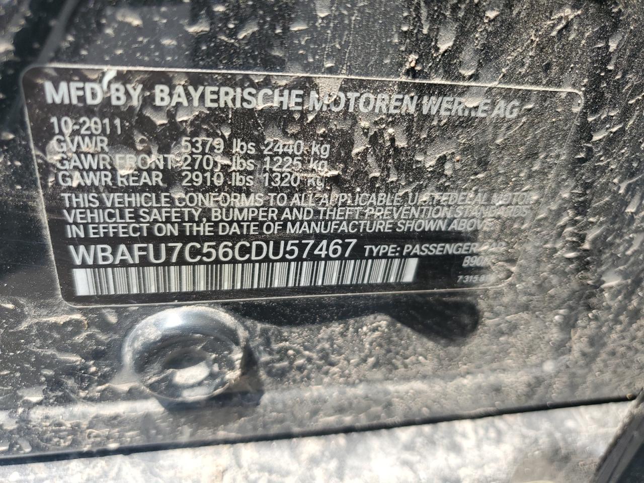 2012 BMW 535 Xi VIN: WBAFU7C56CDU57467 Lot: 63191075