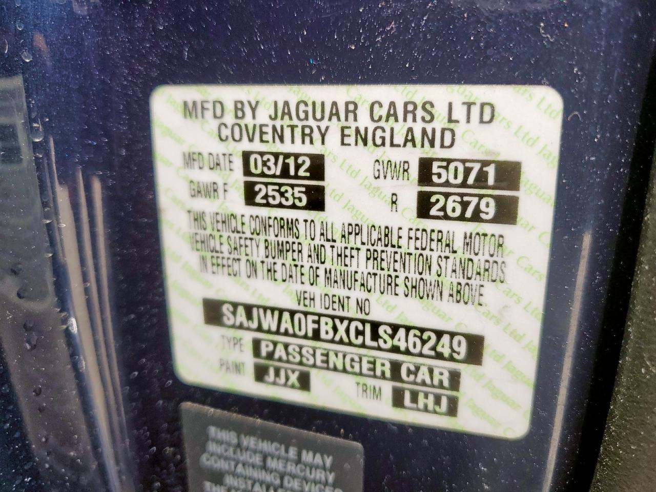 2012 Jaguar Xf VIN: SAJWA0FBXCLS46249 Lot: 64145435