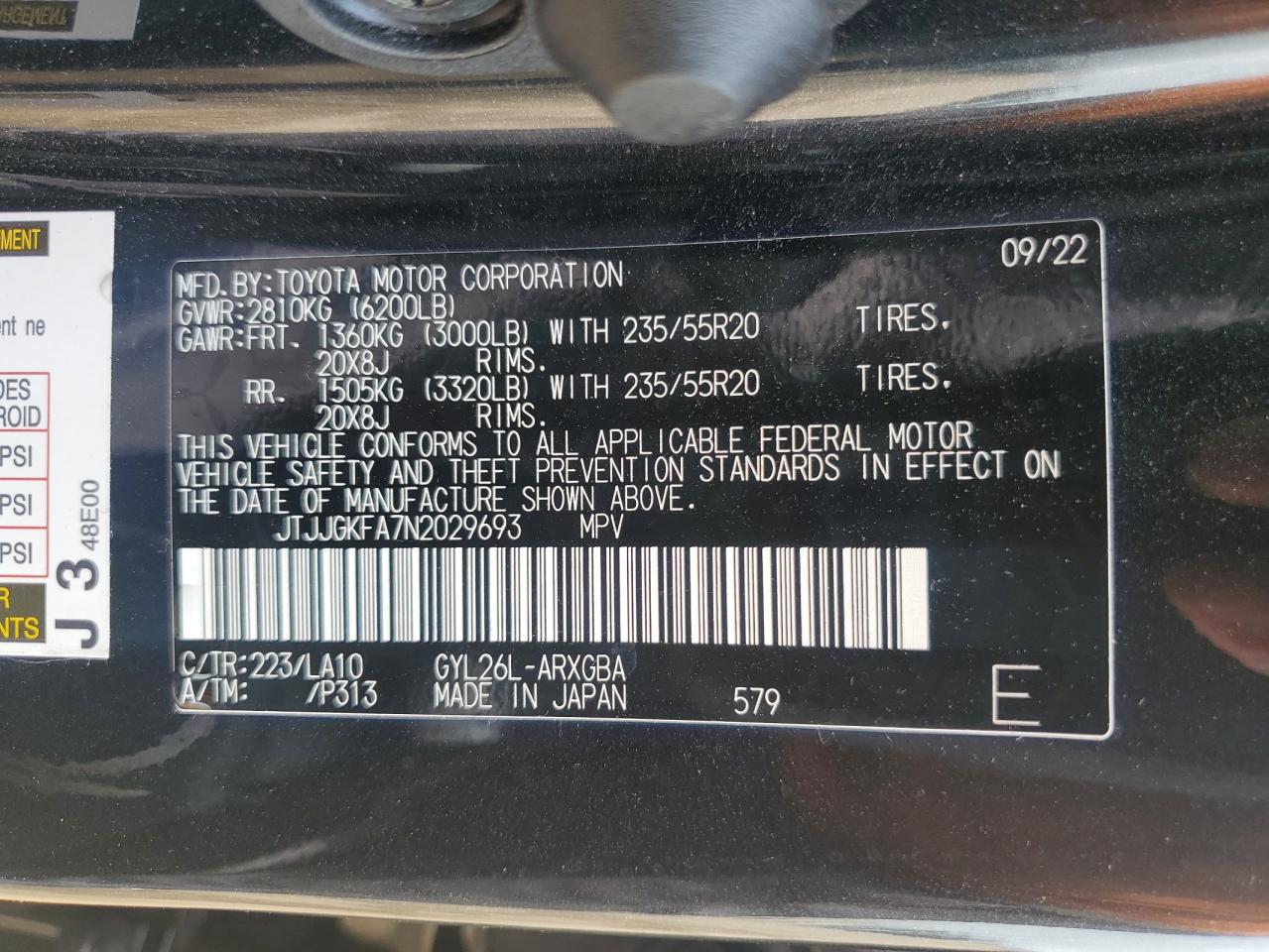 2022 Lexus Rx 450H L Luxury VIN: JTJJGKFA7N2029693 Lot: 64126515