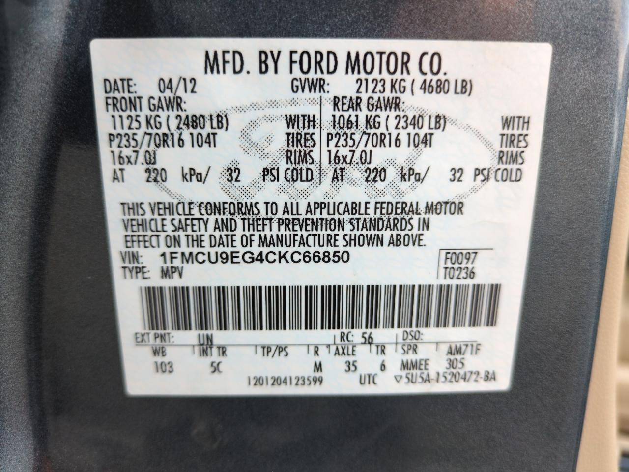 2012 Ford Escape Limited VIN: 1FMCU9EG4CKC66850 Lot: 65531555