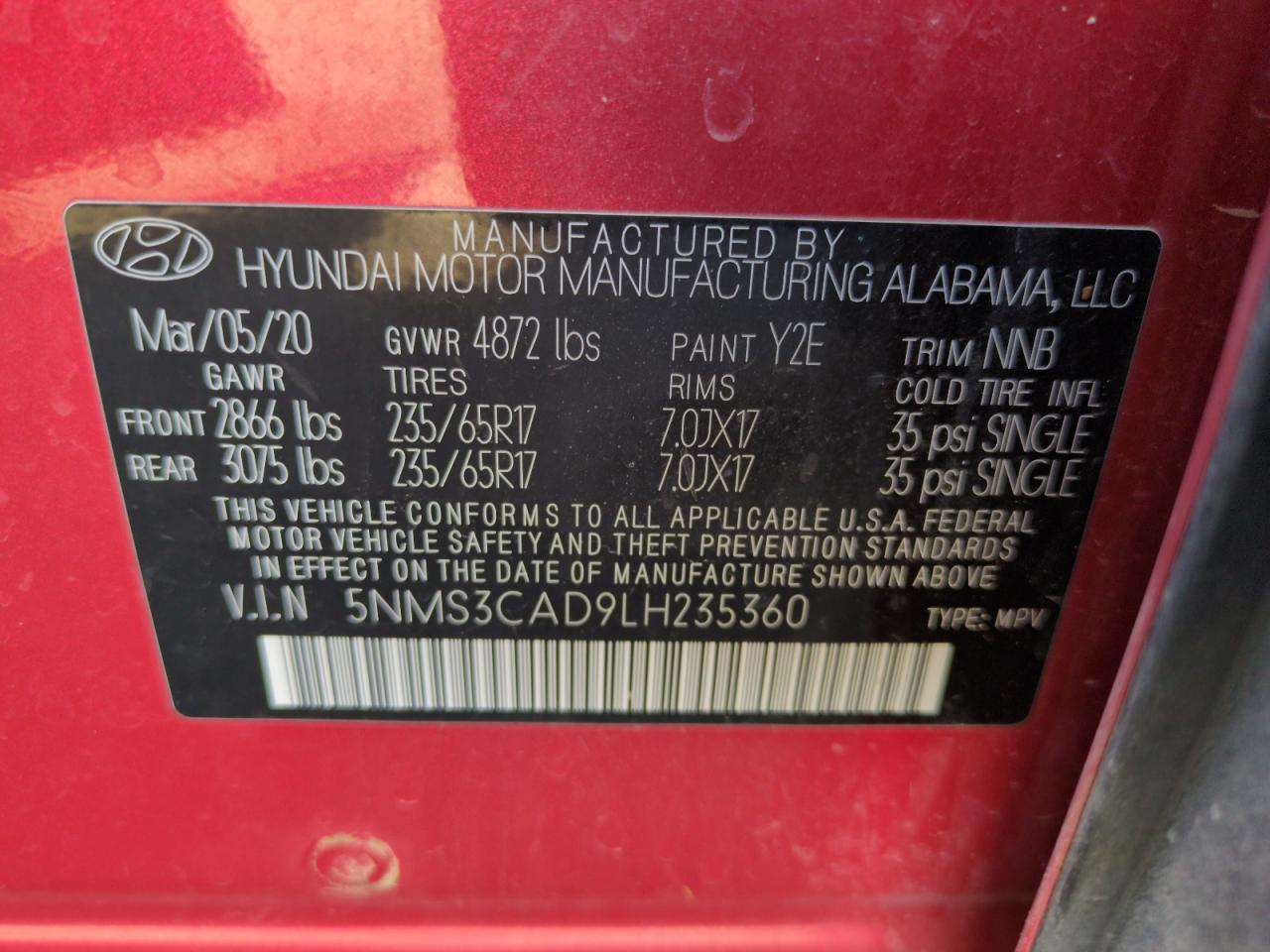 2020 Hyundai Santa Fe Sel VIN: 5NMS3CAD9LH235360 Lot: 63077775