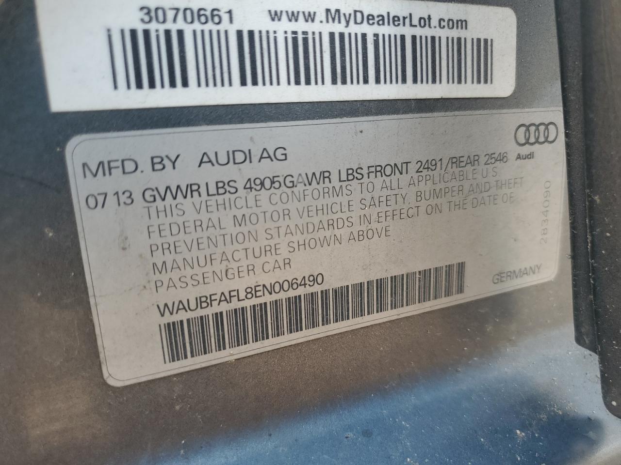 2014 Audi A4 Premium VIN: WAUBFAFL8EN006490 Lot: 65146815