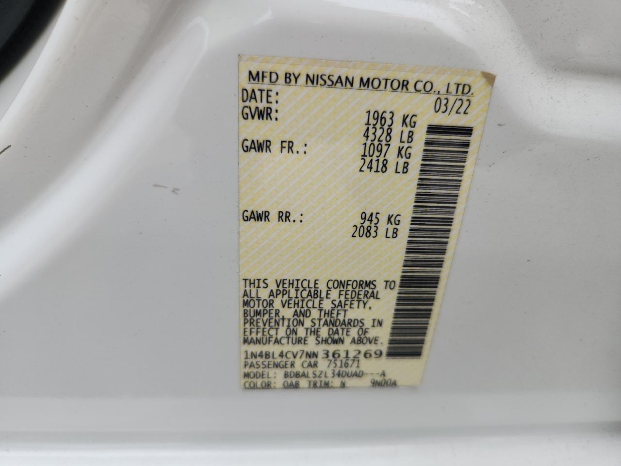 2022 Nissan Altima Sr VIN: 1N4BL4CV7NN361269 Lot: 64218635