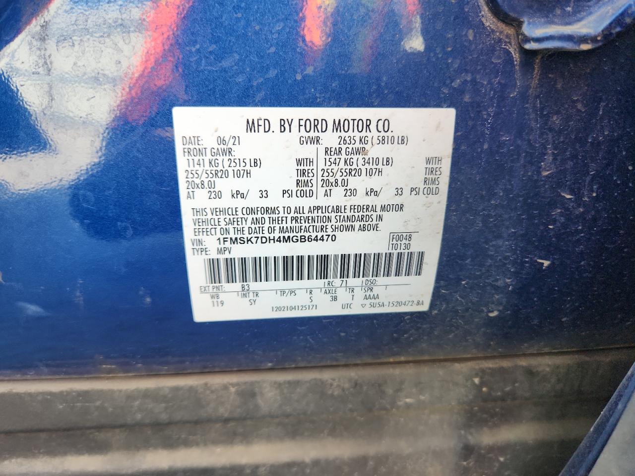 2021 Ford Explorer Xlt VIN: 1FMSK7DH4MGB64470 Lot: 63510005