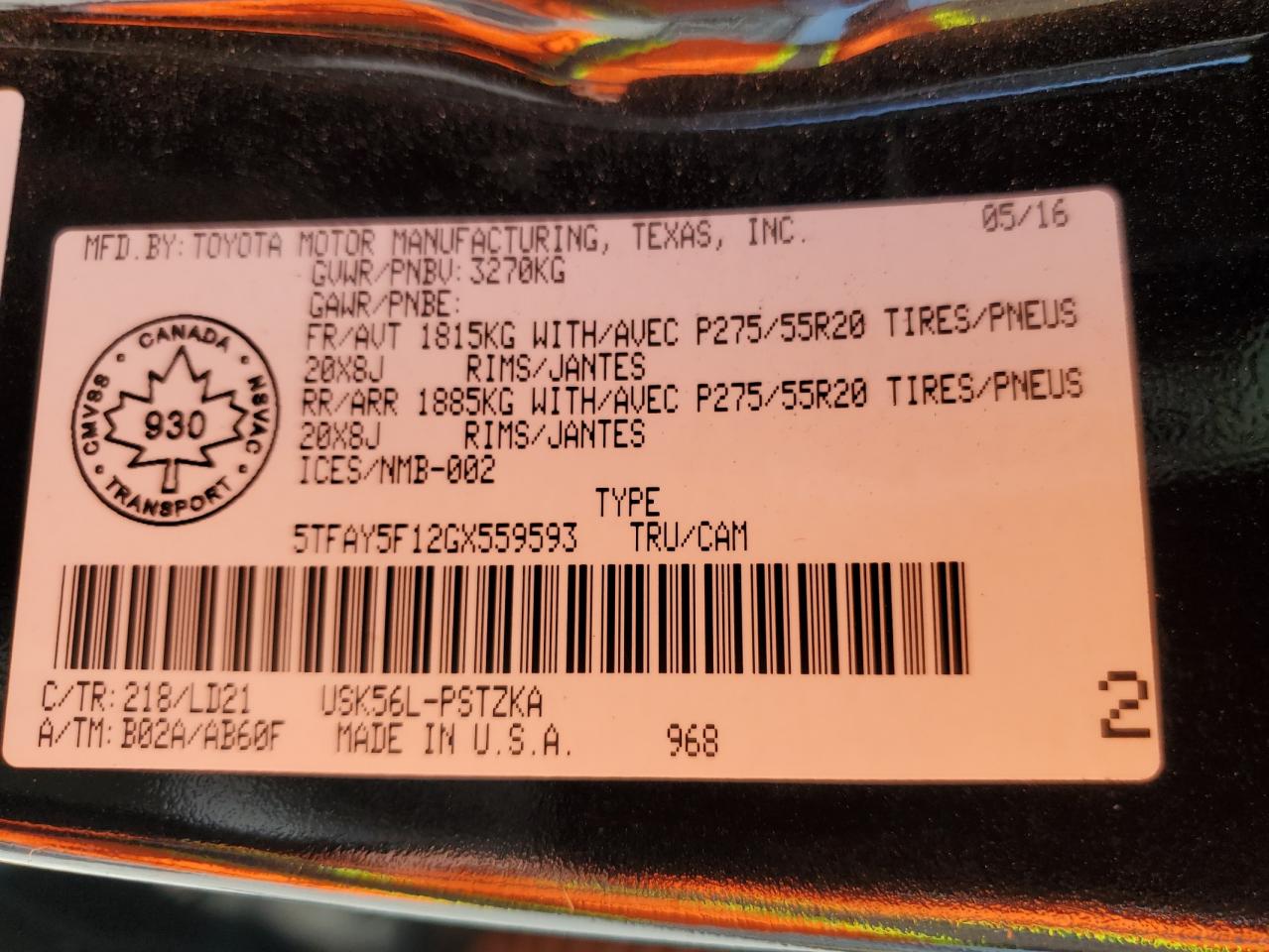 2016 Toyota Tundra Crewmax 1794 VIN: 5TFAY5F12GX559593 Lot: 64806335