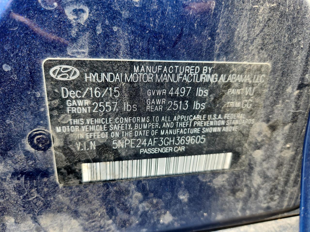 2016 Hyundai Sonata Se VIN: 5NPE24AF3GH369605 Lot: 65016195