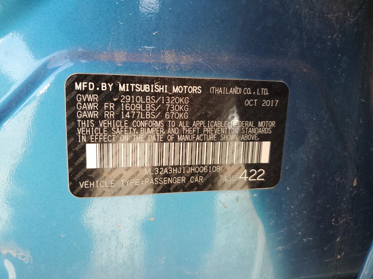 2018 Mitsubishi Mirage Es VIN: ML32A3HJ1JH006108 Lot: 64951325