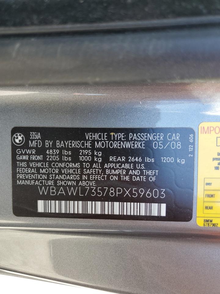2008 BMW 335 I VIN: WBAWL73578PX59603 Lot: 63881505