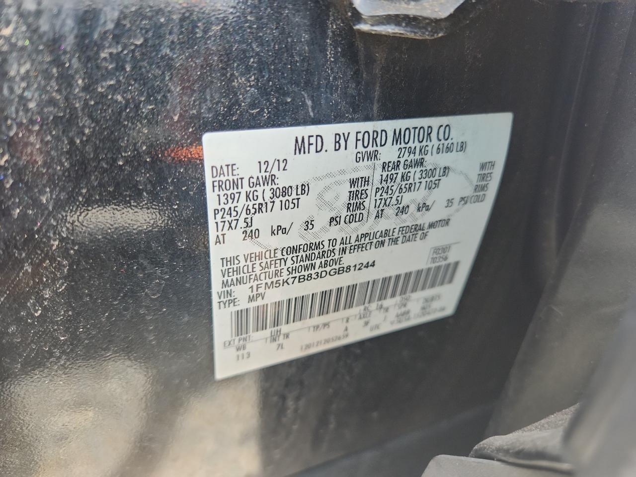 2013 Ford Explorer VIN: 1FM5K7B83DGB81244 Lot: 64758605