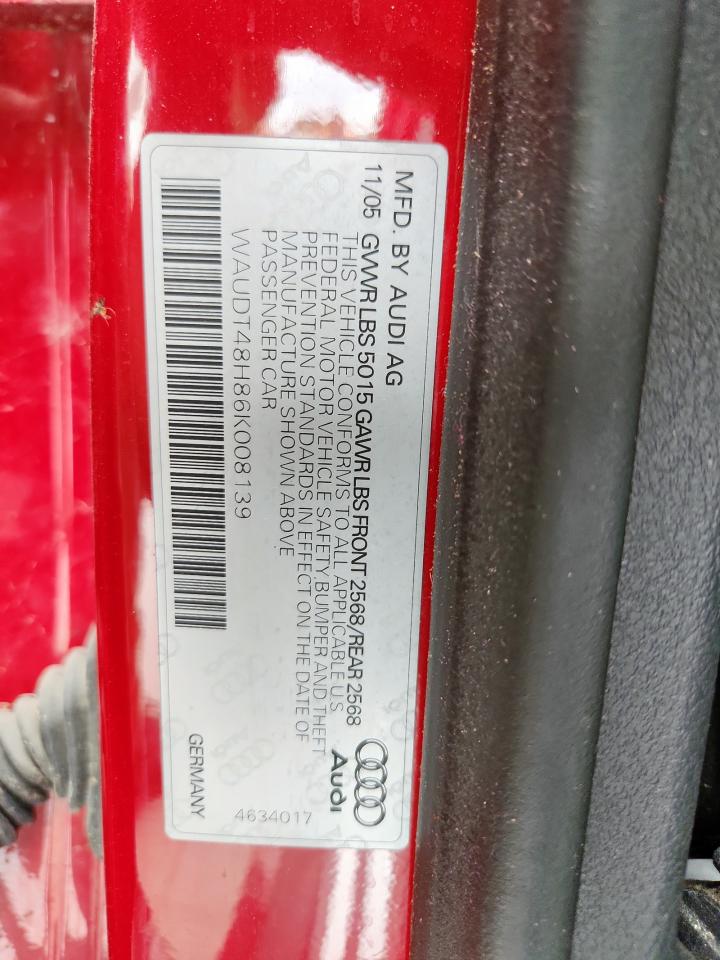 2006 Audi A4 Quattro VIN: WAUDT48H86K008139 Lot: 64148985