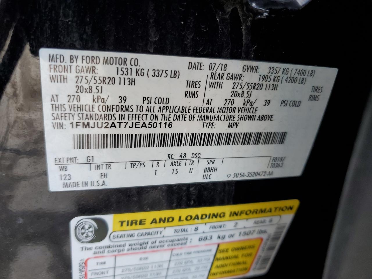 2018 Ford Expedition Limited VIN: 1FMJU2AT7JEA50116 Lot: 61790085