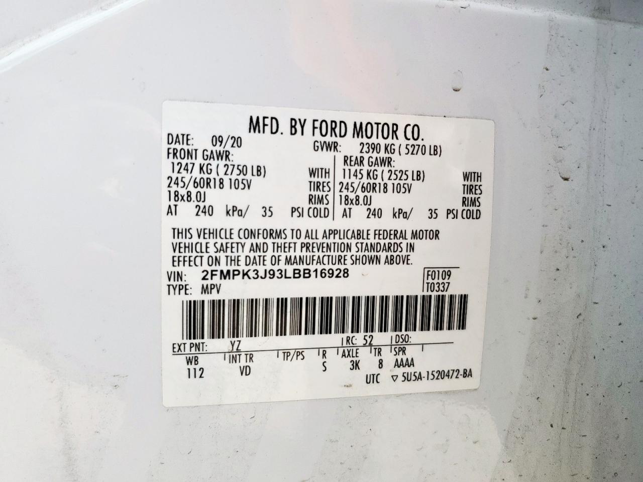 2020 Ford Edge Sel VIN: 2FMPK3J93LBB16928 Lot: 63030385