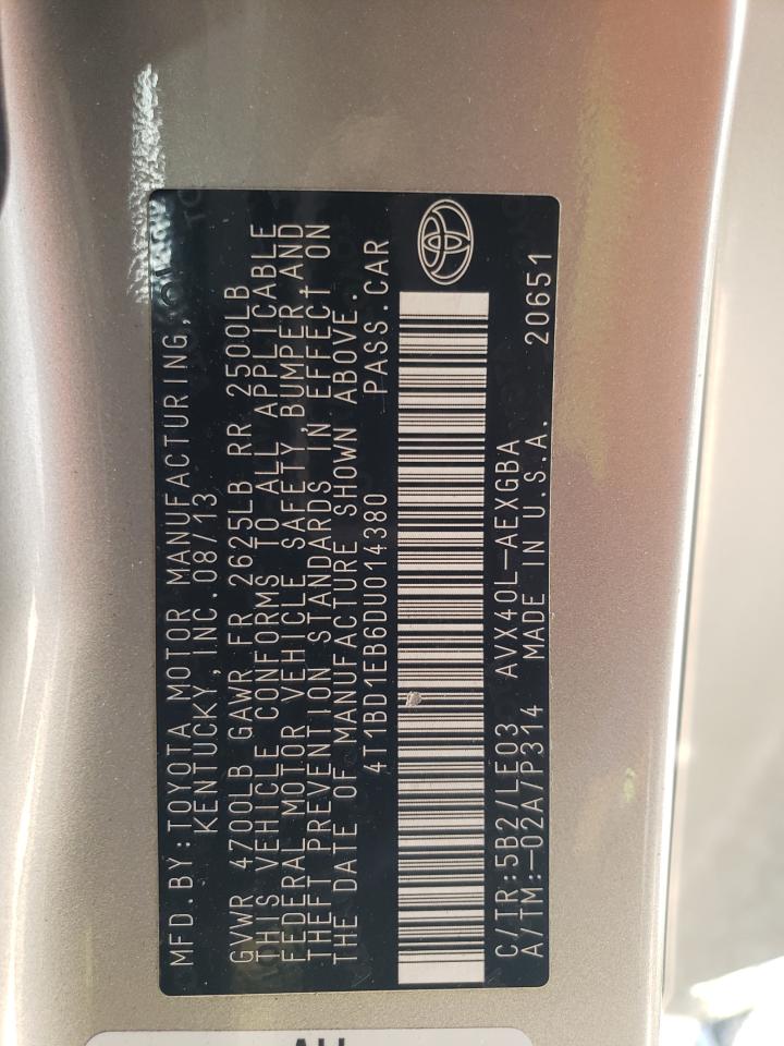 2013 Toyota Avalon Hybrid VIN: 4T1BD1EB6DU014380 Lot: 66490095