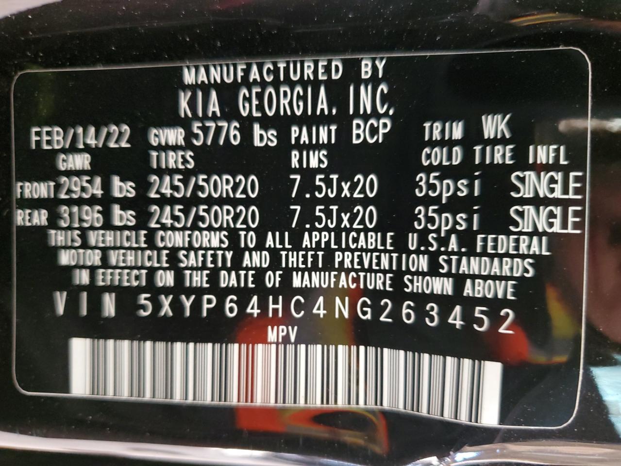 2022 Kia Telluride S VIN: 5XYP64HC4NG263452 Lot: 64030075