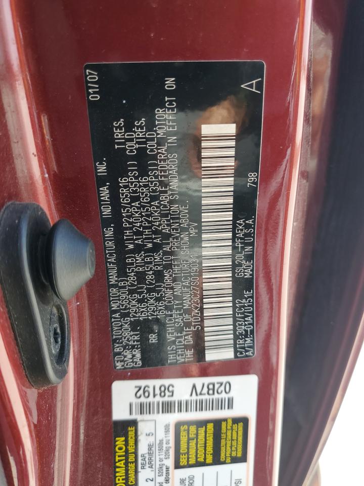 2007 Toyota Sienna Ce VIN: 5TDZK23C27S019031 Lot: 63520385