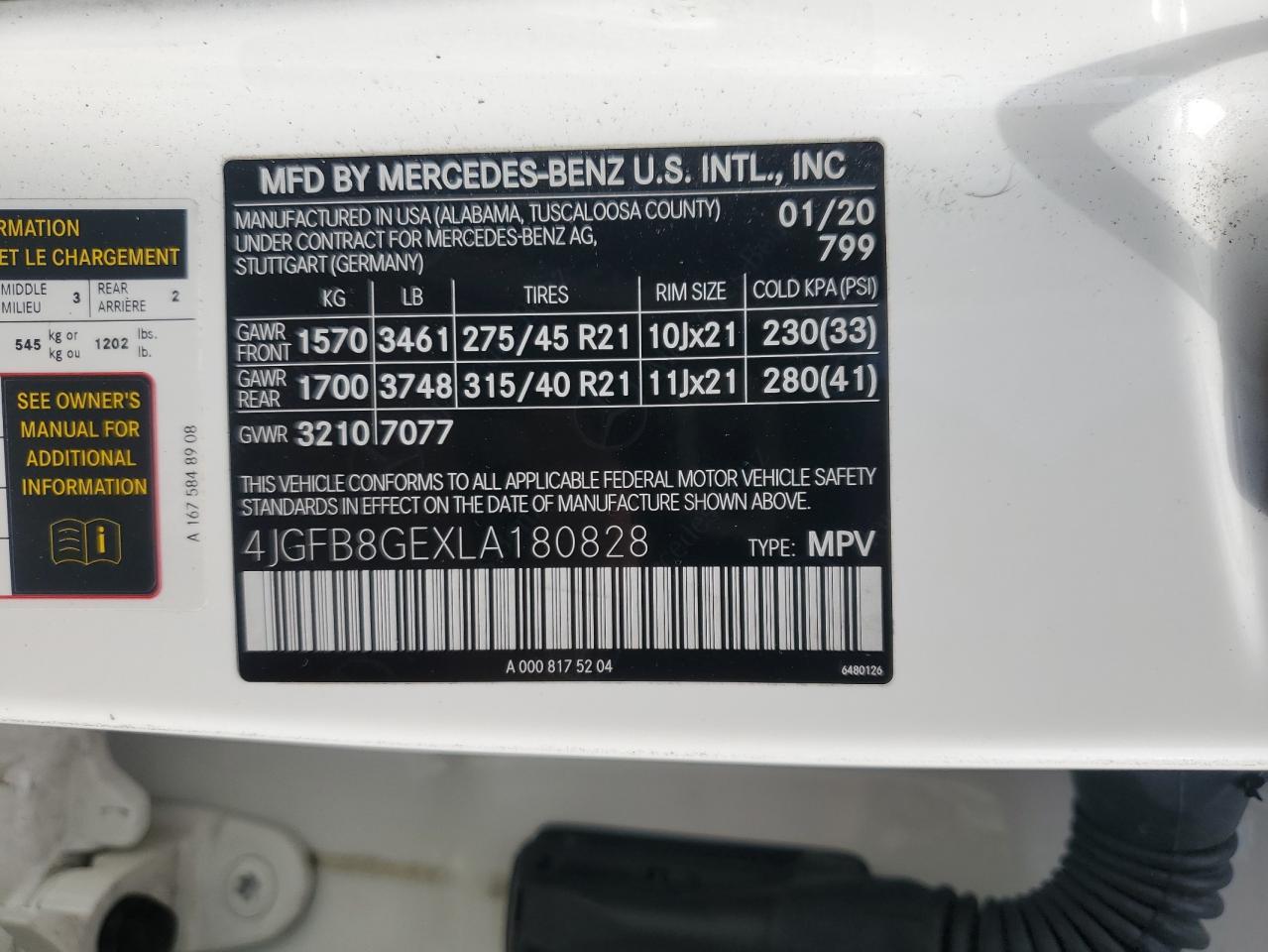2020 Mercedes-Benz Gle 580 4Matic VIN: 4JGFB8GEXLA180828 Lot: 63209635