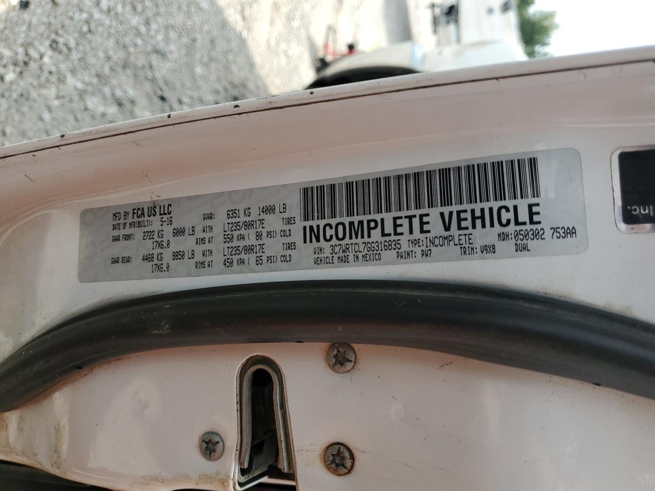 2016 Ram 3500 Slt Crew Cab & VIN: 3C7WRTCL7GG316835 Lot: 65387525