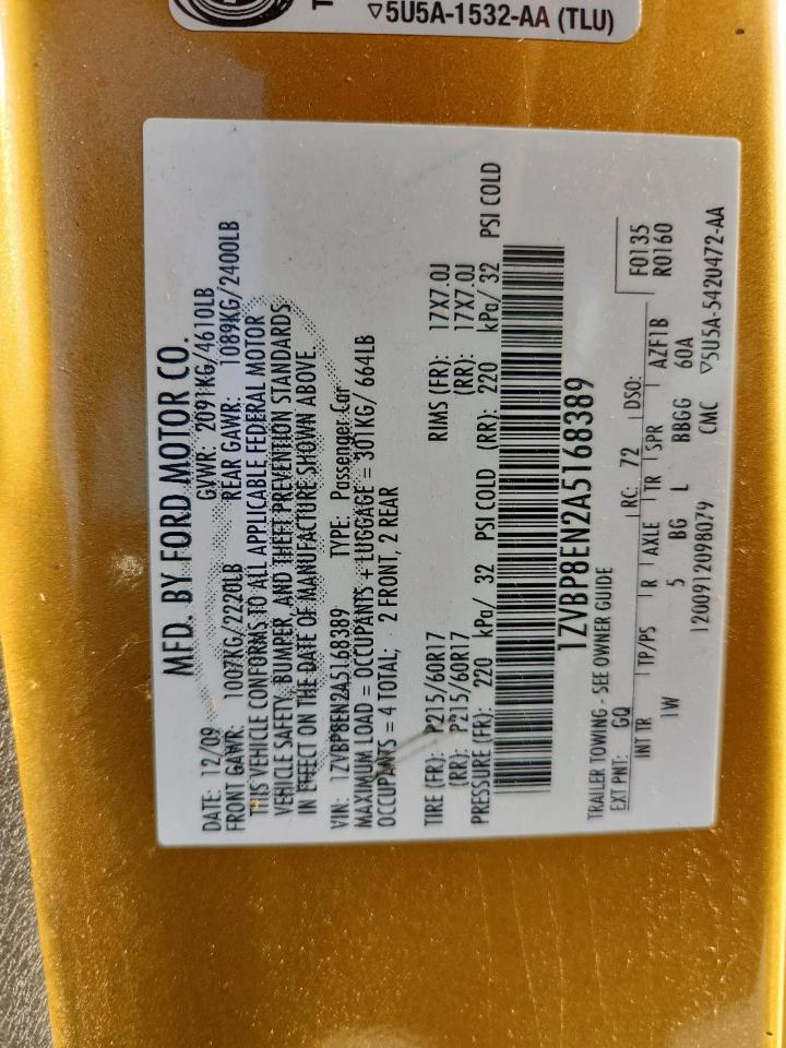 2010 Ford Mustang VIN: 1ZVBP8EN2A5168389 Lot: 63566625