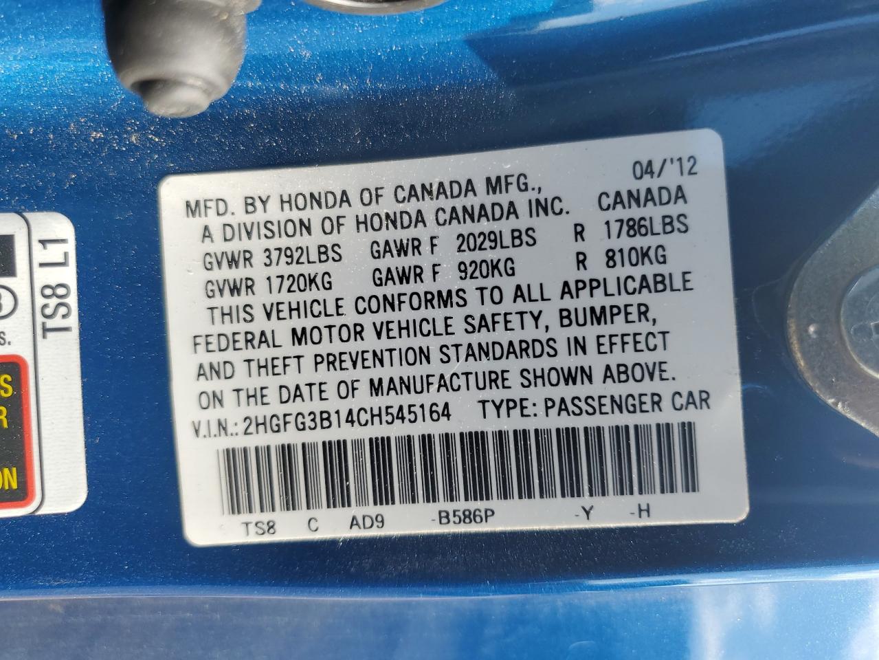 2012 Honda Civic Exl VIN: 2HGFG3B14CH545164 Lot: 65419445