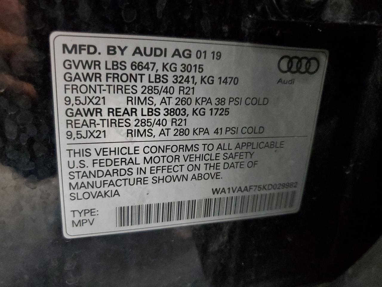 2019 Audi Q7 Prestige VIN: WA1VAAF75KD029982 Lot: 64589125