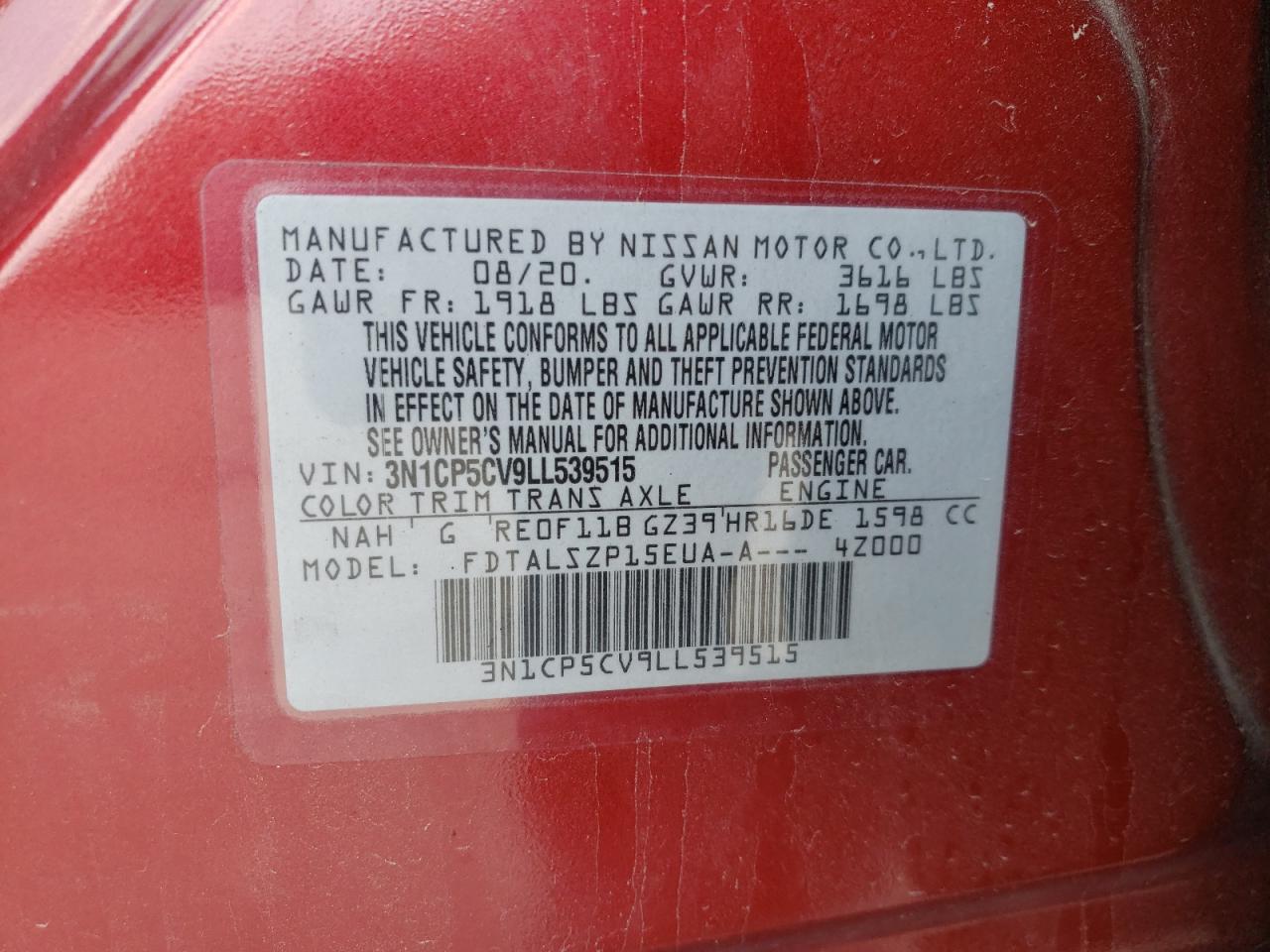 2020 Nissan Kicks Sv VIN: 3N1CP5CV9LL539515 Lot: 63390935