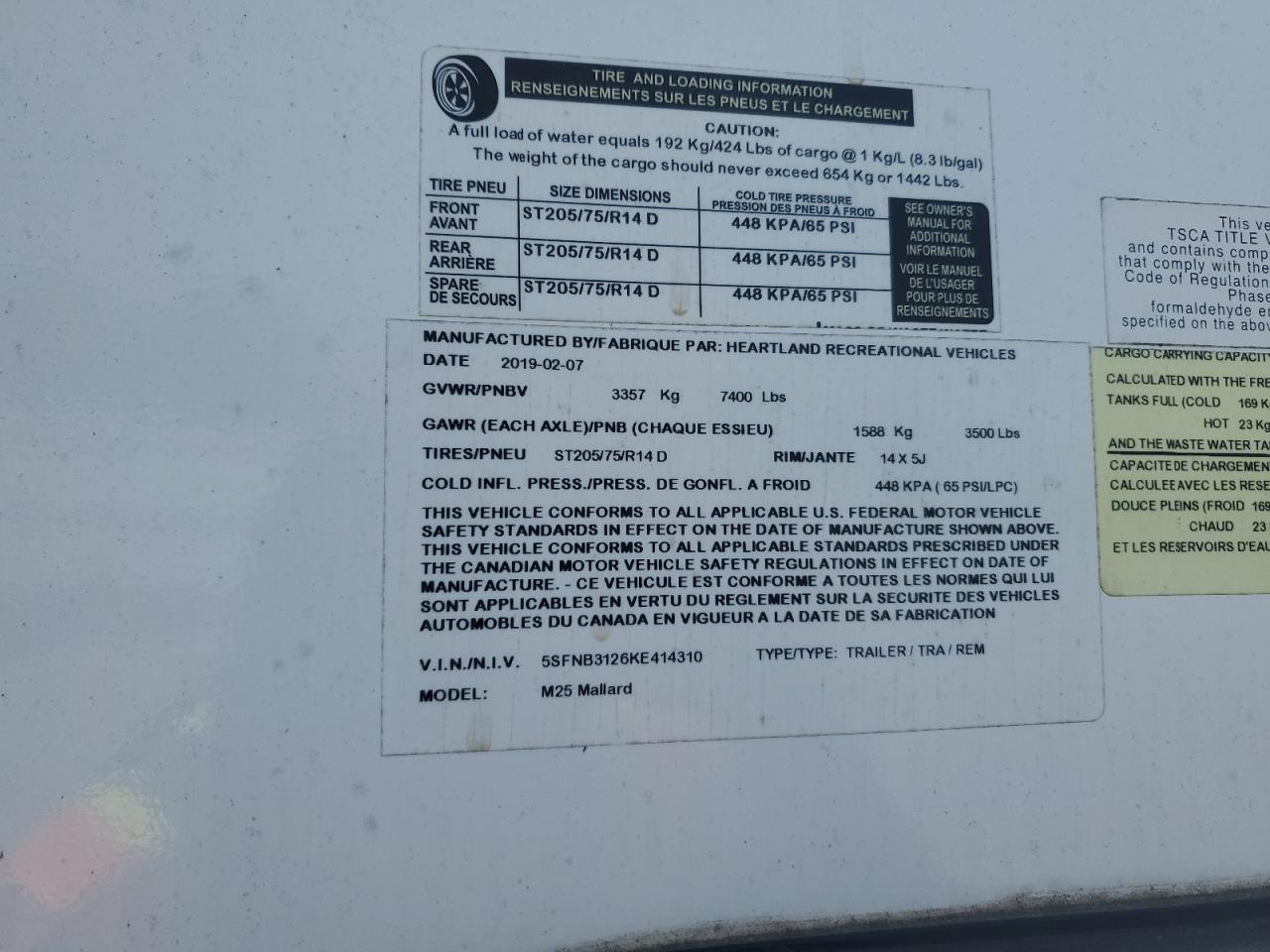 2019 Heartland Mallard VIN: 5SFNB3126KE414310 Lot: 66308775