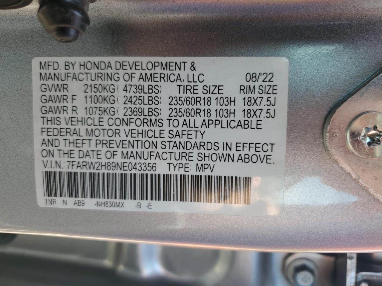 2022 Honda Cr-V Exl VIN: 7FARW2H89NE043356 Lot: 65009135