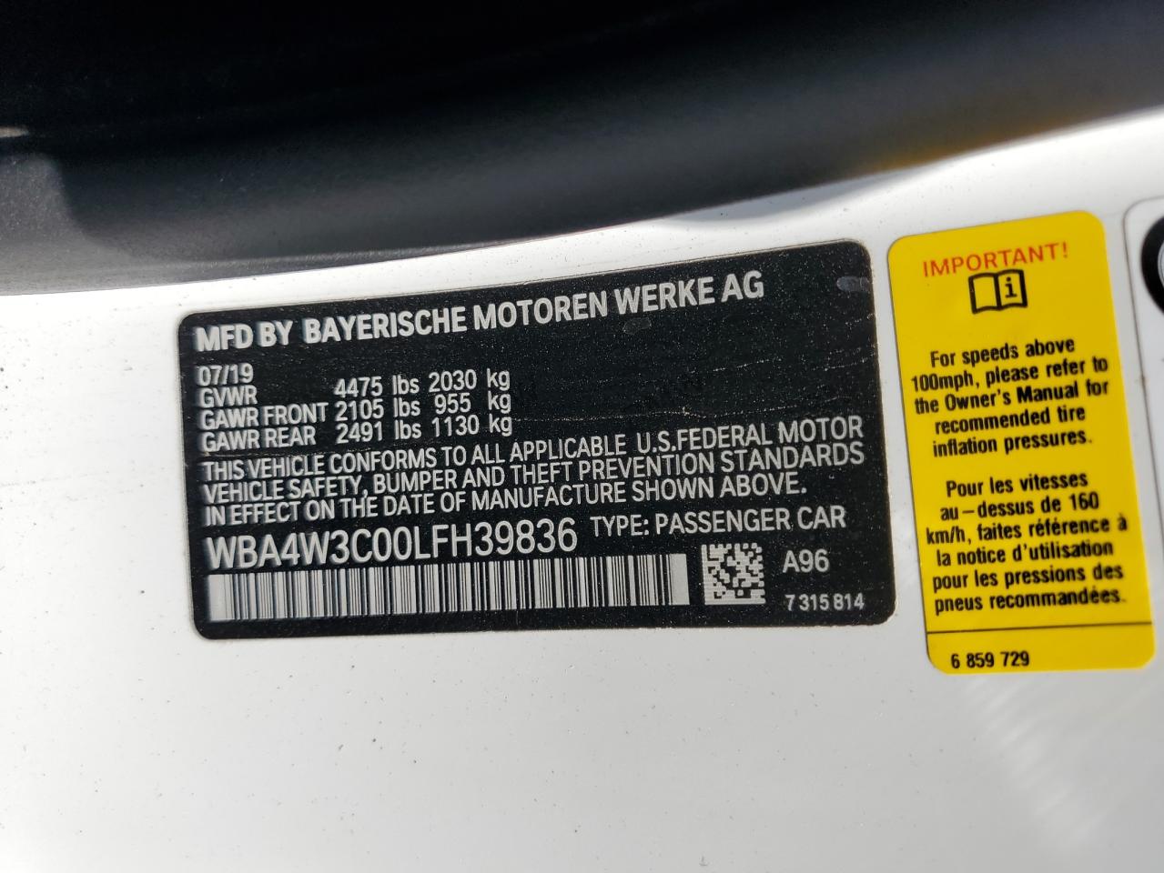 2020 BMW 430I VIN: WBA4W3C00LFH39836 Lot: 64318245