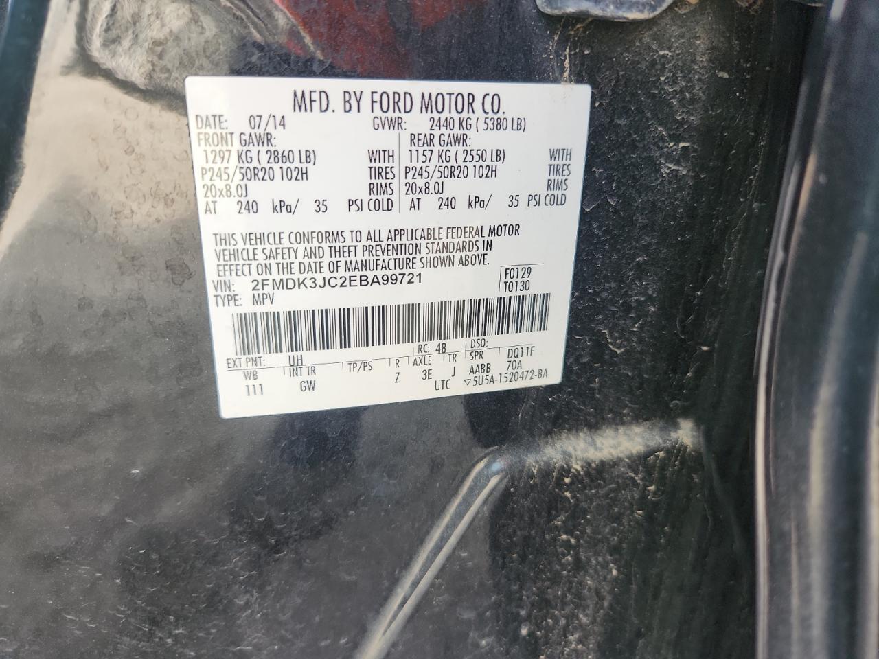 2014 Ford Edge Sel VIN: 2FMDK3JC2EBA99721 Lot: 63695205